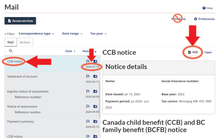 Where to find CCB statement CRA