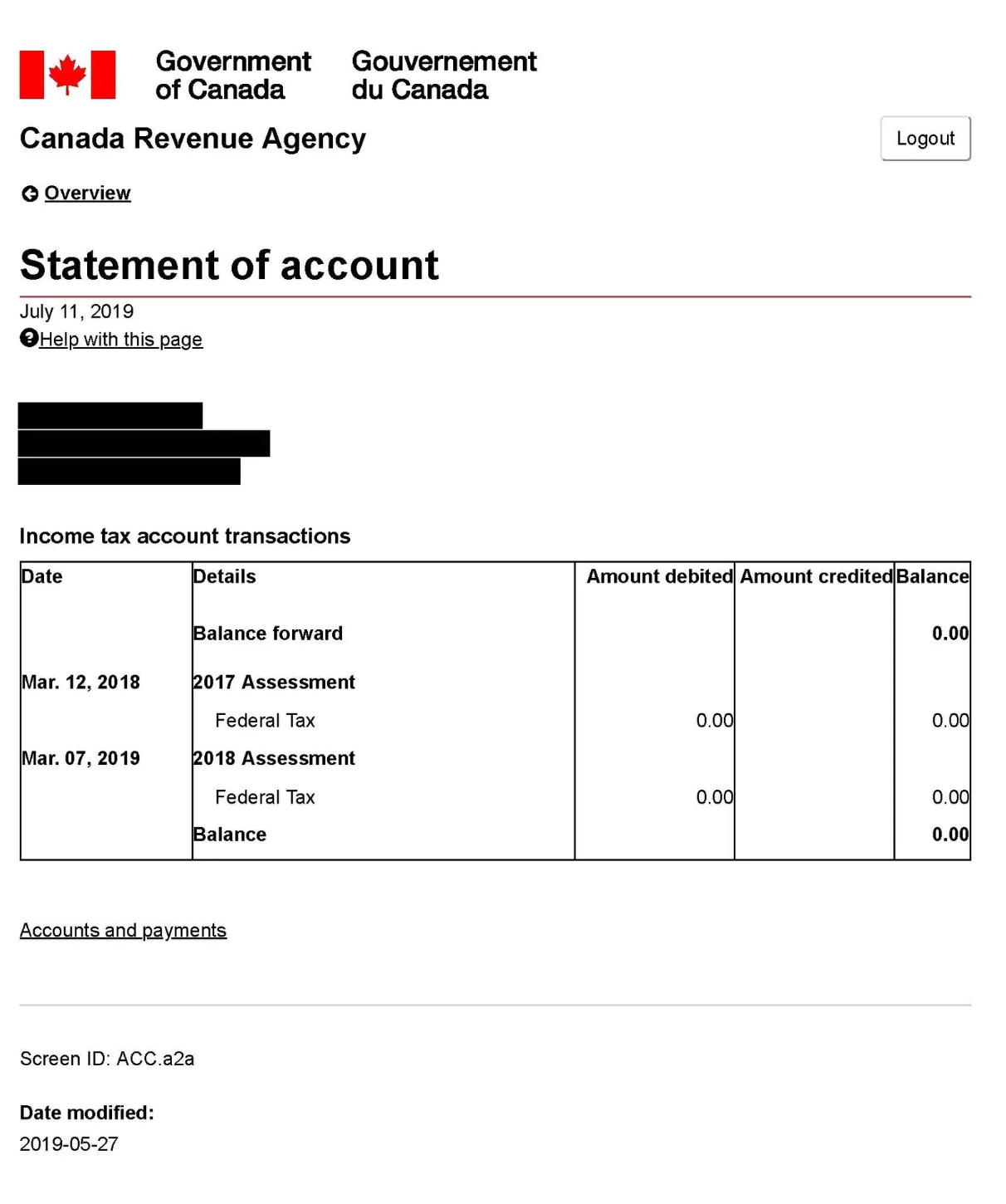 SOA Statement of Account CRA